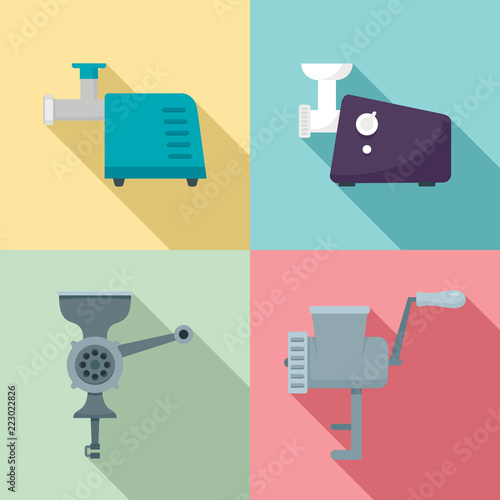 Meat grinder icon set. Flat set of meat grinder vector icons for web design