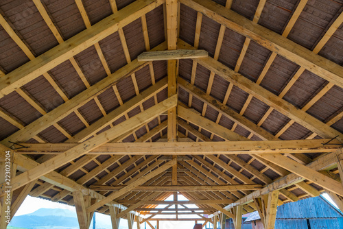 Pine wood barn roof close up.