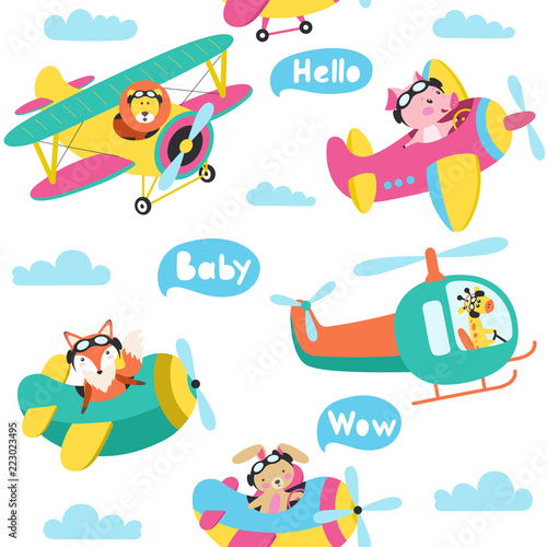 Seamless pattern with cute animals flying on a airplanes hand drawn vector illustration © 210484kate