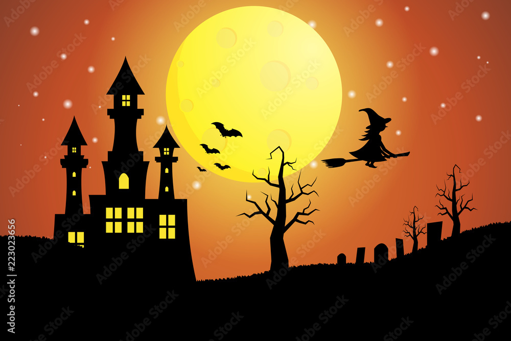 Illustration of Halloween Castle Silhouette under the moonlight
