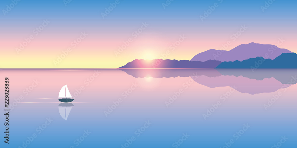 lonely sailboat on a calm sea at sunrise - obrazy, fototapety, plakaty 