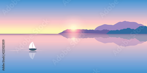Obraz samotna żaglówka na spokojnym morzu o wschodzie słońca