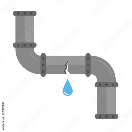 Broken metal pipe with leaking water, flat style vector illustration. Part of the pipeline.