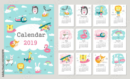 Calendar 2019 with cute forest animals. Hand drawn vector illustration