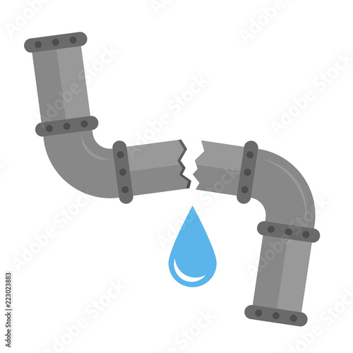 Broken metal pipe with leaking water, flat style vector illustration. Part of the pipeline.