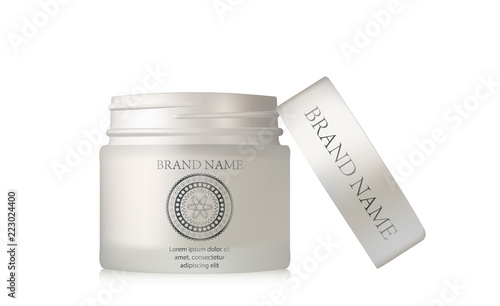 Face Cream Pearl Silver Jar. Realistic blank cosmetics container for skin care essence. Facial cream box isolated on white background.