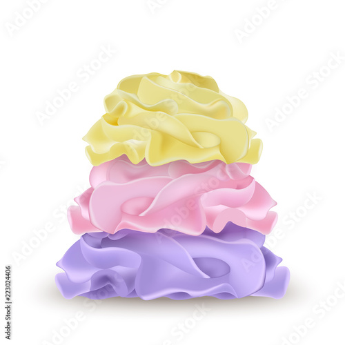 Yellow, pink, purple whipped cream for ice cream, yogurt, cupcake, cake. Detailed 3d Illustration Isolated On White. Design Element For Web Or Print Packaging.