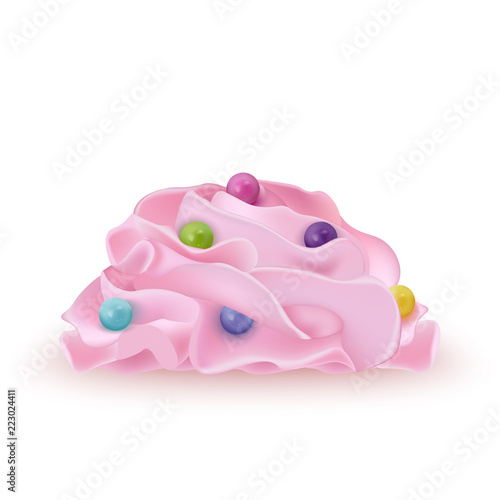 Whipped pink cream for ice cream, yogurt, cupcake, cake with colourful realistic pearls dragees. Detailed 3d  Isolated On White. Design Element For Web Or Print Packaging. Vector