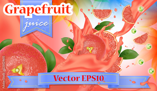 Grapefruit red pink juice advertisement. Splashing juicy sliced fruits. Realistic 3d splash package design. Advertising Template, Promotion Banner. Vector
