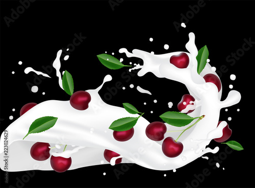 Milk splash 3d illustration with falling cherries, leaves, slices. Cream pouring wave yogurt packaging template. Realistic organic cherry fruit dairy product. Vector