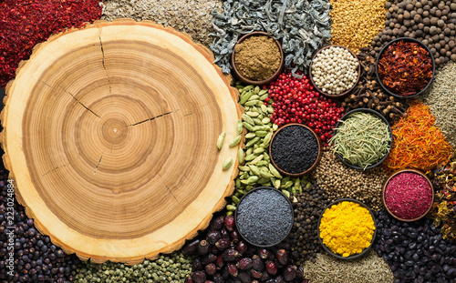Fototapeta Naklejka Na Ścianę i Meble -  Spices and herbs on table with empty background for food or menu.