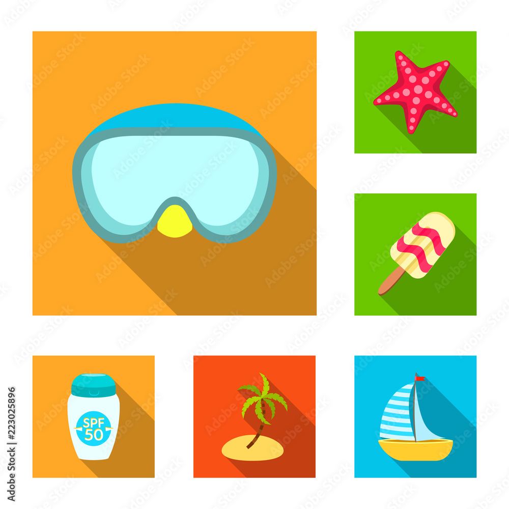 Vector illustration of equipment and swimming symbol. Set of equipment and activity stock vector illustration.