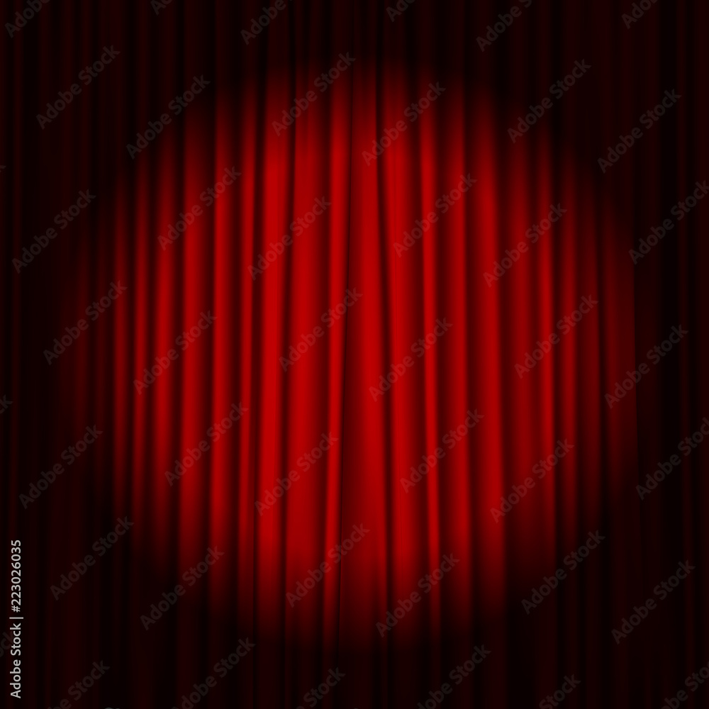 Closed red curtain background and spotlight. Theatrical drapes. Closed red curtain background and spotlight. Theatrical drapes.