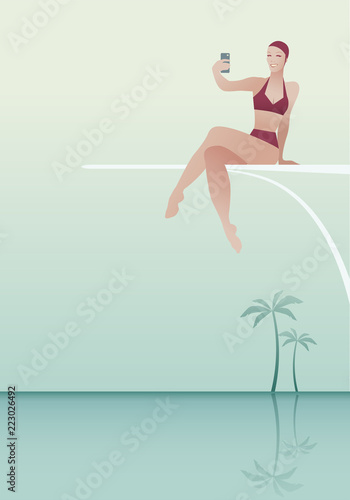 Woman sitting on a trampoline  taking a selfie over a pool. Palm trees in the background. Retro style.