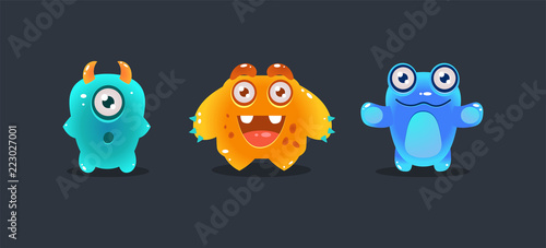 Cute colorful monsters, funny cartoon glossy aliens, game user interface element for video computer games vector Illustration