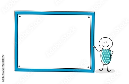 Cartoon stickman showing empty whiteboard. Vector.