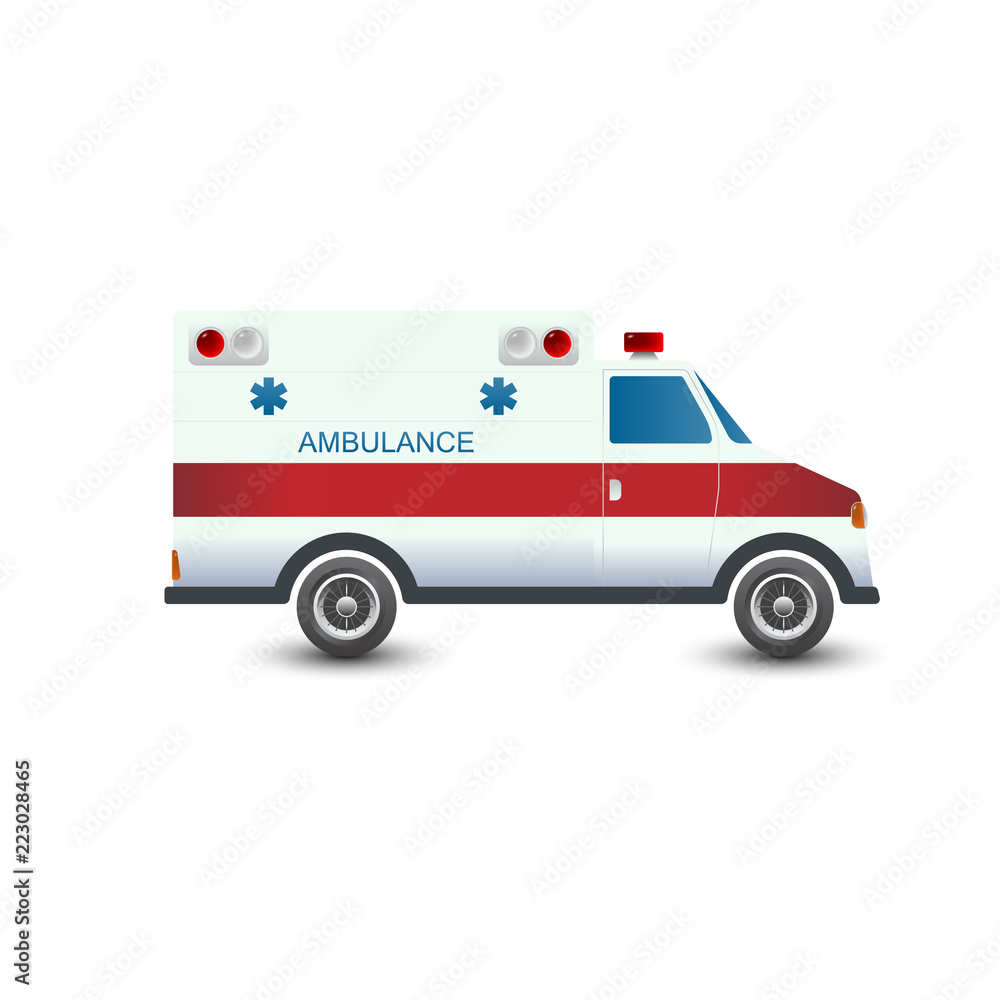 Ambulance car. Emergency medical service vehicle. Hospital transport. Flat style vector illustration.