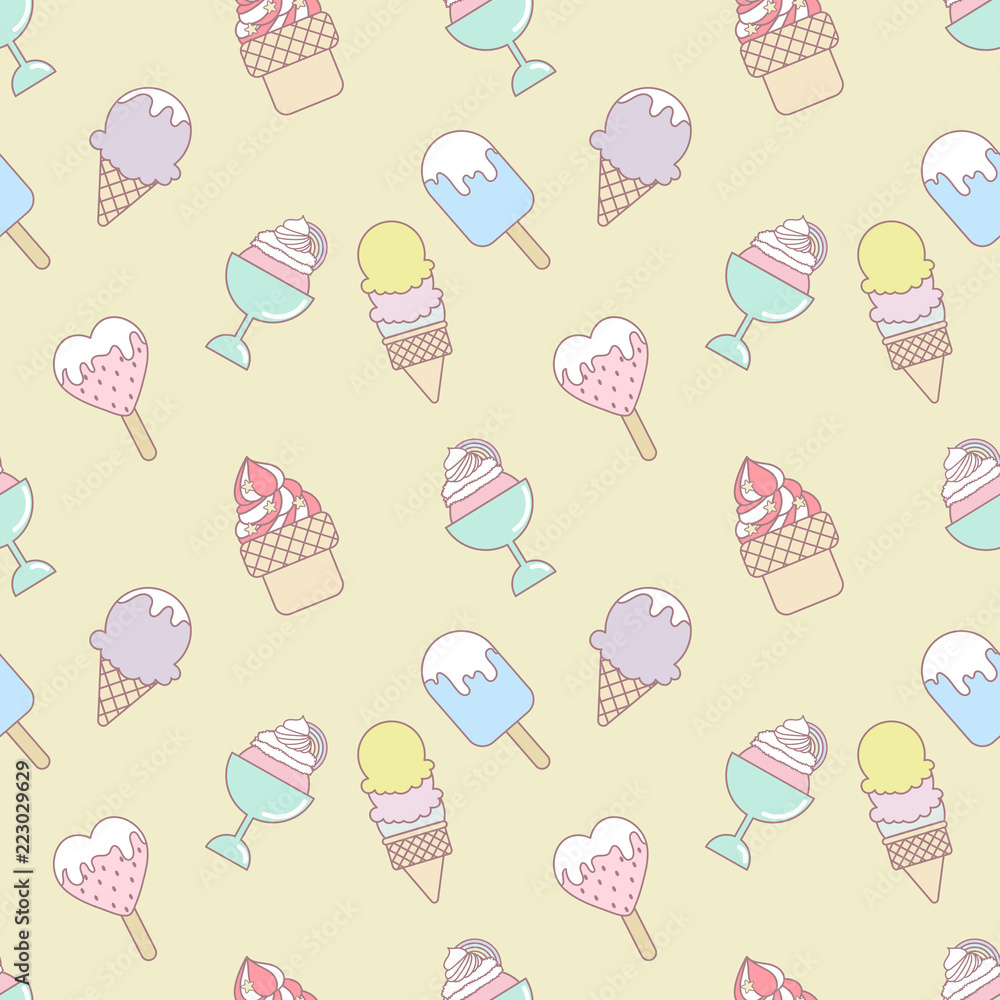 Cute icecream mix seamless pattern on yellow background. Cute icecream mix seamless pattern on yellow background.