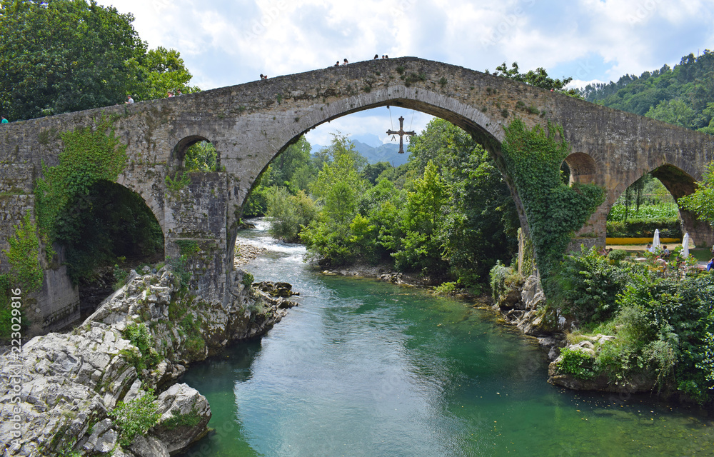 Roman bridge of Cangas de Onis in Asturias Spain...