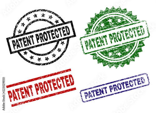 PATENT PROTECTED seal stamps with corroded texture. Black, green,red,blue vector rubber prints of PATENT PROTECTED text with corroded texture. Rubber seals with circle, rectangle, medallion shapes.