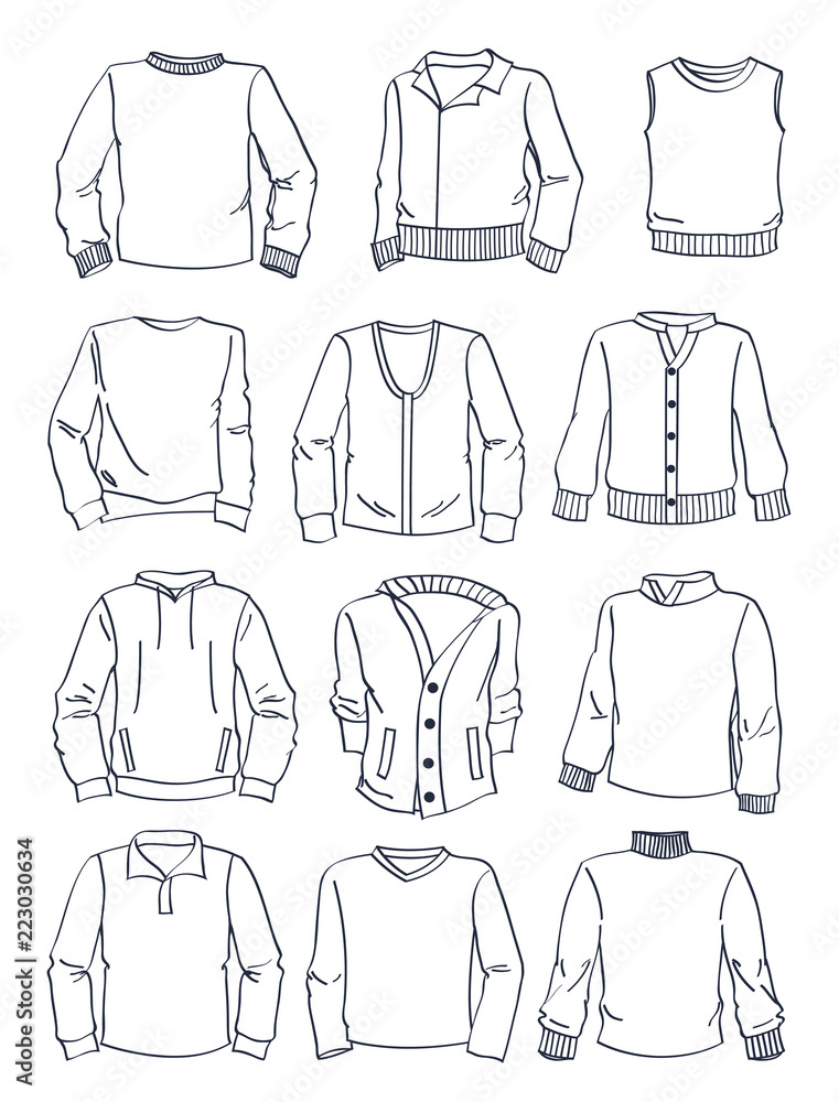 Set of contours of men's sweaters, different models for autumn and winter, isolated on white background.
Set of contours of men's sweaters, different models for autumn and winter, isolated on white background.