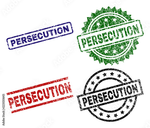 PERSECUTION seal prints with distress texture. Black, green,red,blue vector rubber prints of PERSECUTION title with retro texture. Rubber seals with circle, rectangle, medallion shapes.