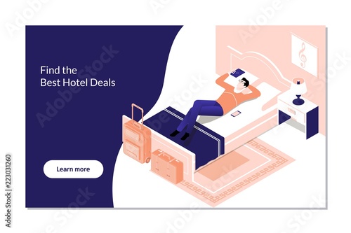 Man Booking Hotel Reservation on Digital Tablet.Vector isometric hotel room concept
