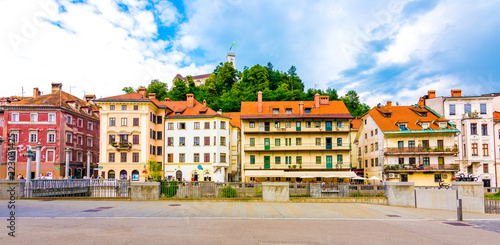 Ljubljana city street panorama view. Old buildings and historic architecture. The old castle on the hill in the city. Ljubljana is the Slovenia capita