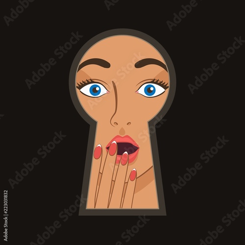 shocked woman peeping through keyhole