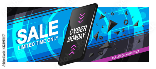 Banner sale for Cyber Monday. A realistic black smartphone in motion with triangular fragments and details, on a bright background, with circles and diagonal lines. Vector illustration of Eps10.