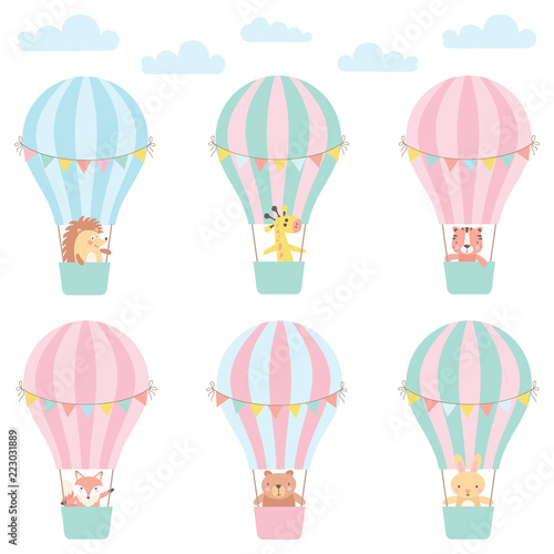 Set of cute animals in a hot air balloon. Vector illustration