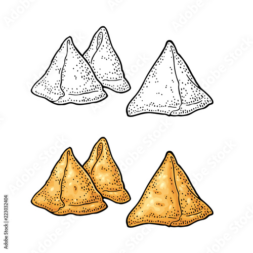 Samosa on board with sauces in bowl. Vector color engraving