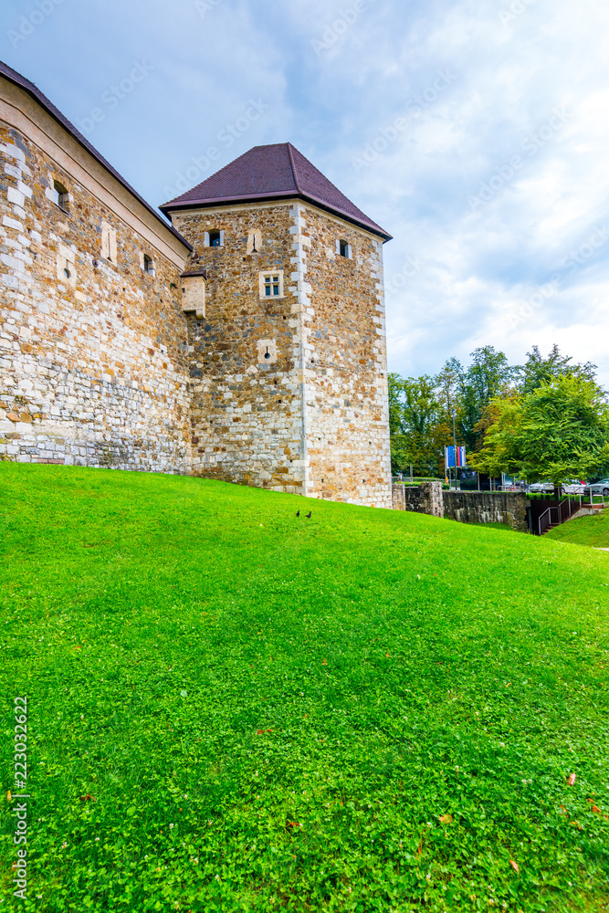 Ljubljana castle. The historic medieval building with park around. Old Slovenia fortress in the center of Slovenia capital city