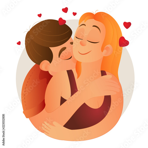 Happy young lovers couple hugging. Boyfriend hugs his girlfriend from behind and kisses her on the neck. Man and woman first time love and sex. Vector cartoon flat illustration for Valentine's Day