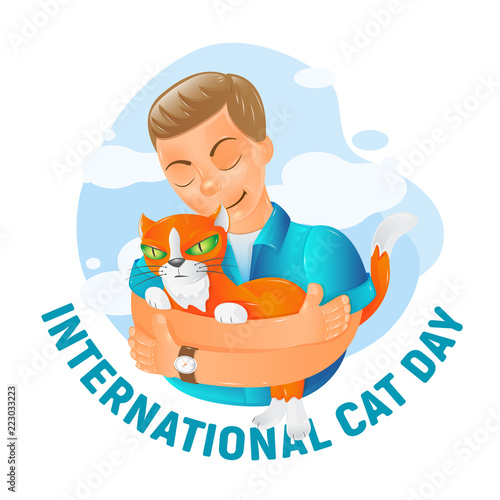 International world cat day vector illustration with cute cartoon flat red cat friendship hugs isolated on white background. Great for advertising poster, banner, postcard and greeting card design.
