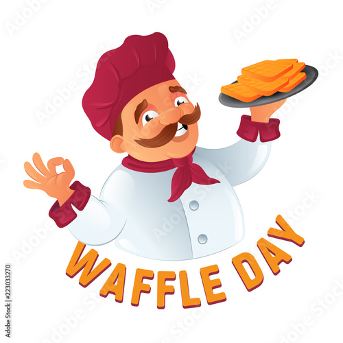 Funny mustachioed cook chef in the chef's hat with Belgian waffles on a plate to Happy Waffle Day. Cartoon vector illustration isolated on white background. Great for posters, postcards and web design