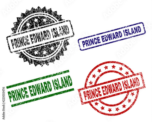 PRINCE EDWARD ISLAND seal prints with damaged surface. Black, green,red,blue vector rubber prints of PRINCE EDWARD ISLAND label with retro surface. Rubber seals with round, rectangle, rosette shapes. photo