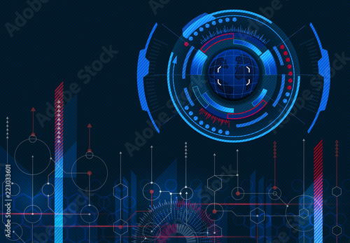 Computer management. The image of the earth. Virtual graphic interface, electronic lens, HUD element. Abstract, science, futuristic, energy. illustration