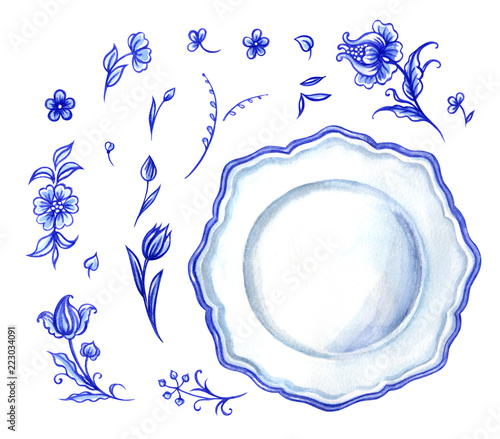 Set of blue floral pattern and plate, watercolor painting on white background, isolated.