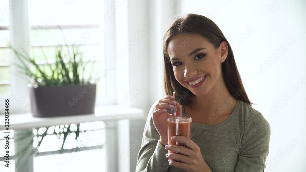 Healthy Nutrition. Woman Drinking Detox Smoothies Cocktail Healthy Nutrition. Woman Drinking Detox Smoothies Cocktail