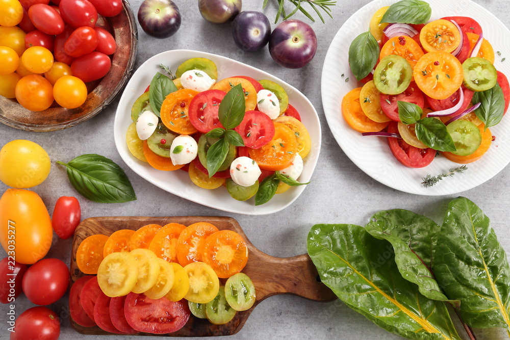 Tomato salad and colorful tomatoes. Tomato salad and colorful tomatoes.