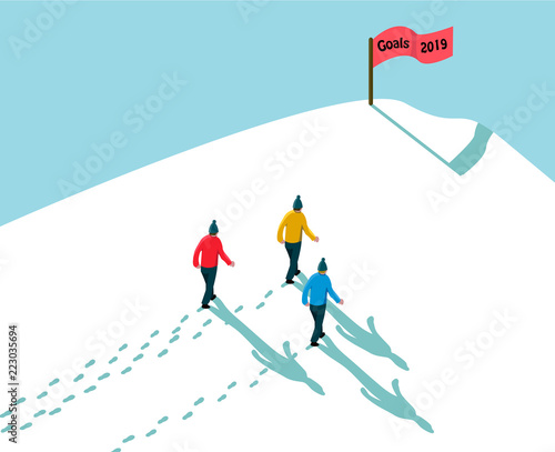 goal 2019 concept achieving reach the target, three men walking in snow up to hill, footsteps and shadows with red flag sign text goals 2019