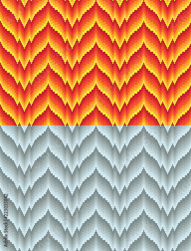 Two seamless bargello patterns, different hues of color. Imitation of needlepoint embroidery. Flame motifs. Swathes are included.