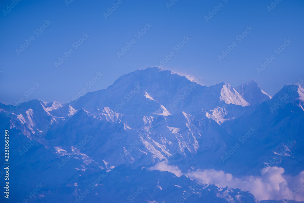 Himalaya mountains in Nepal, view of small village Braga on Annapurna circuit at sunset or sunrise