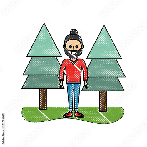 grated happy man with hairstyle and pine trees
