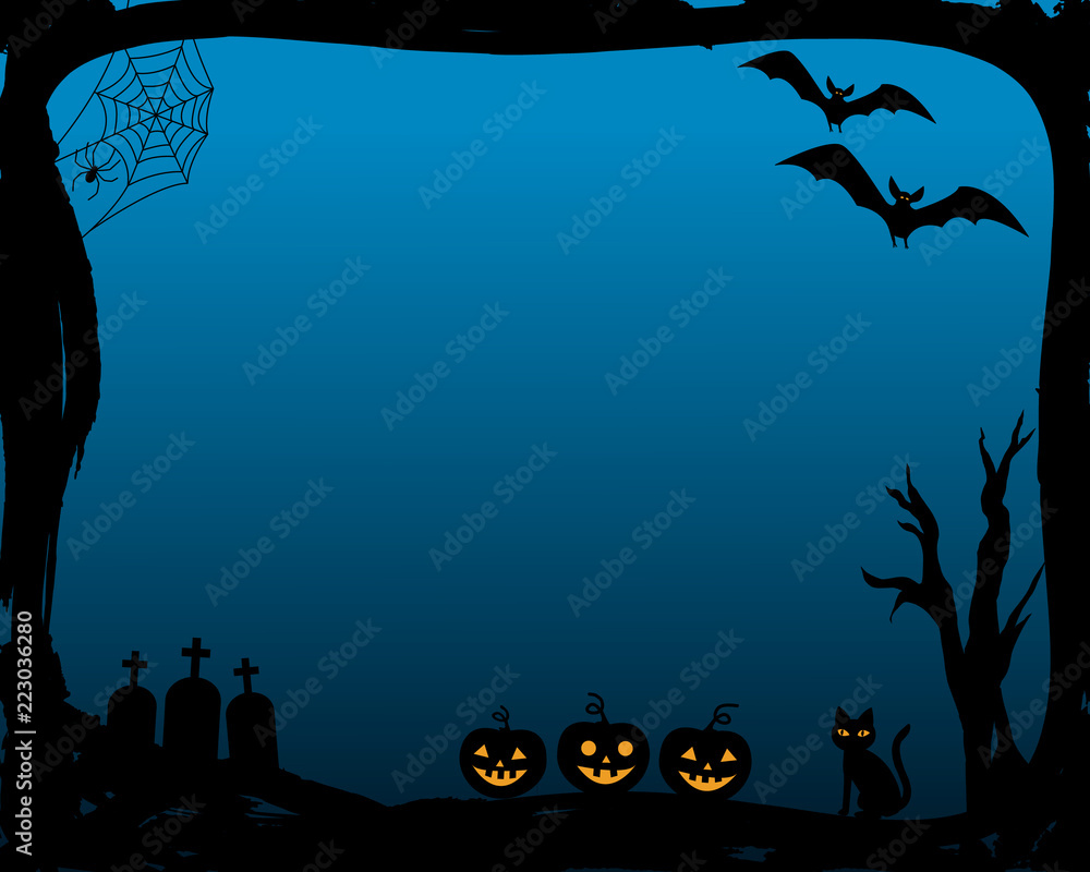 Halloween party invitation in vector frame with silhouettes of bats, cat, pumpkin, graves, spider web and dead tree on blue background, Halloween party invitation in vector frame with silhouettes of bats, cat, pumpkin, graves, spider web and dead tree on blue background,