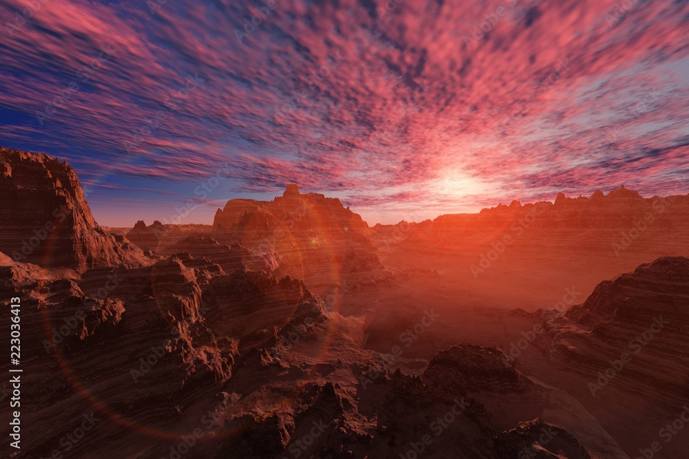 Alien landscape. The stony desert at sunset.

