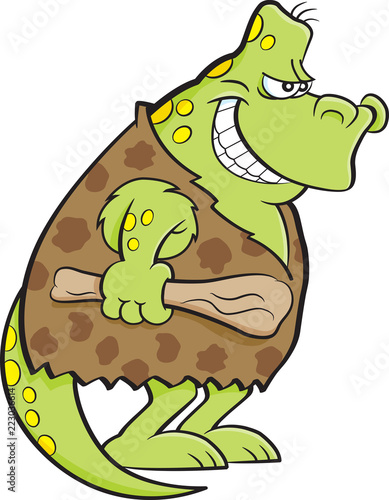 Cartoon illustration of a dinosaur dressed as a caveman.