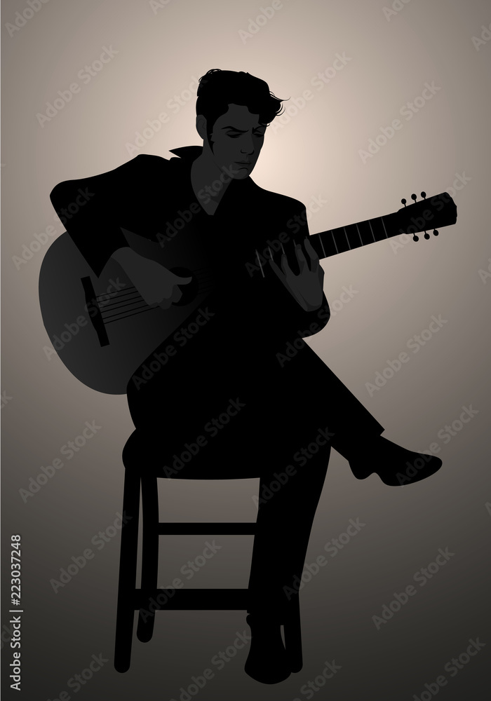 Obraz premium Silhouette of Spanish guitarist playing flamenco sitting on a chair