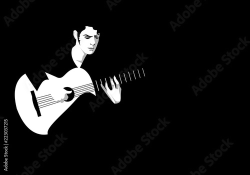 Spanish guitarist playing flamenco on black background